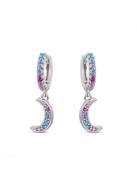 Pendientes Aro Plata 1 Ley con Colgante Luna y Piedras Multicolor