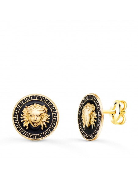 Pendientes Medusa Greca Y Esmalte Negro Oro 1ª Ley 18 Kilates