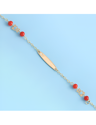 Pulsera Nomeolvides para Bebé en Oro 18K con Coral y Osos | Grabación Gratuita
