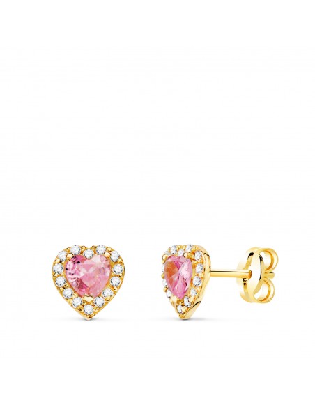 Pendientes Corazon Piedra Color Rosa Oro 1ª Ley 18 Kilates