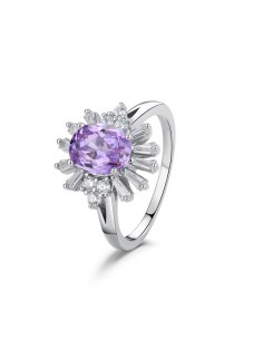 Sortija Rodiada Flor Con Baguettes De 15mm Plata 1ª Ley 925mm